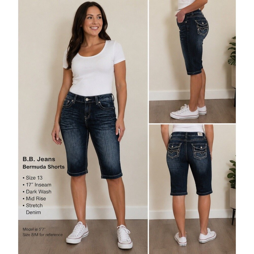 BB Jeans Women’s Size 13 Dark Wash Bermuda Shorts Stretch Denim 34x 17.